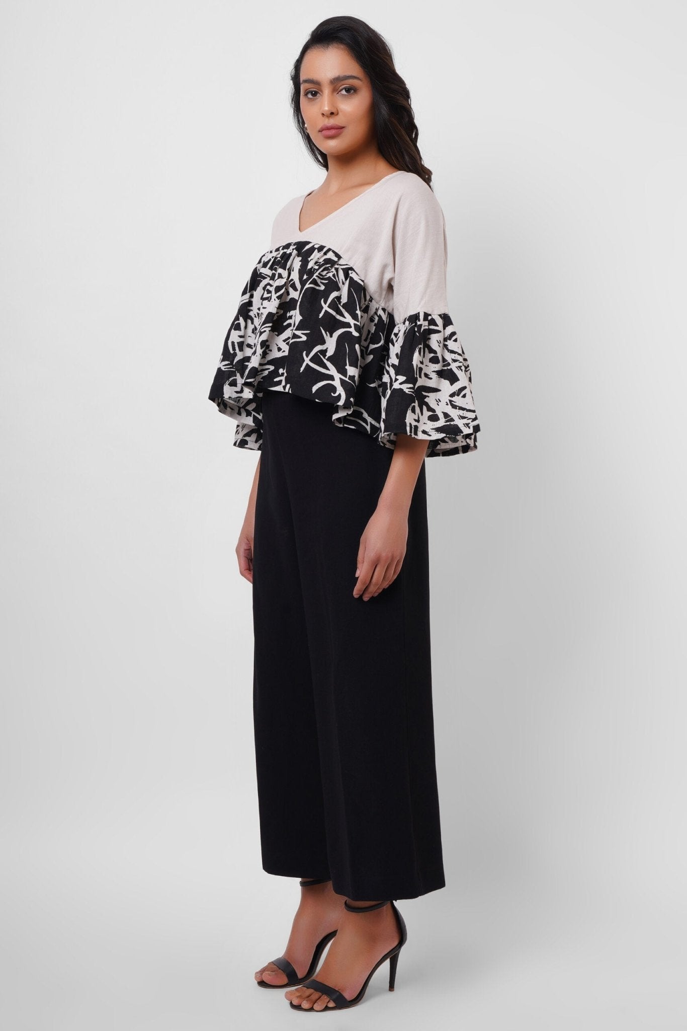 Black and White Linen Color Block Top - Western Era Tops for women
