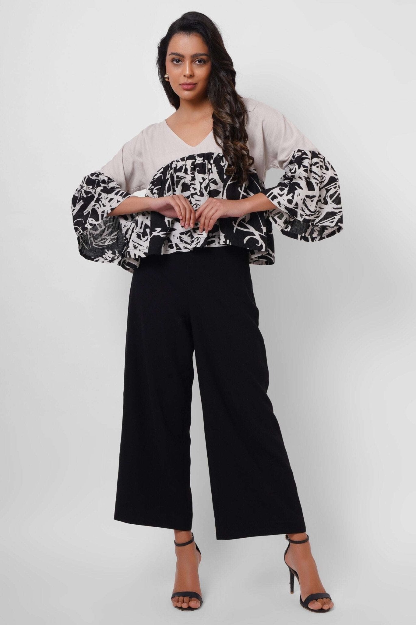 Black and White Linen Color Block Top - Western Era Tops for women