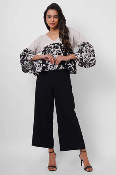 Black and White Linen Color Block Top