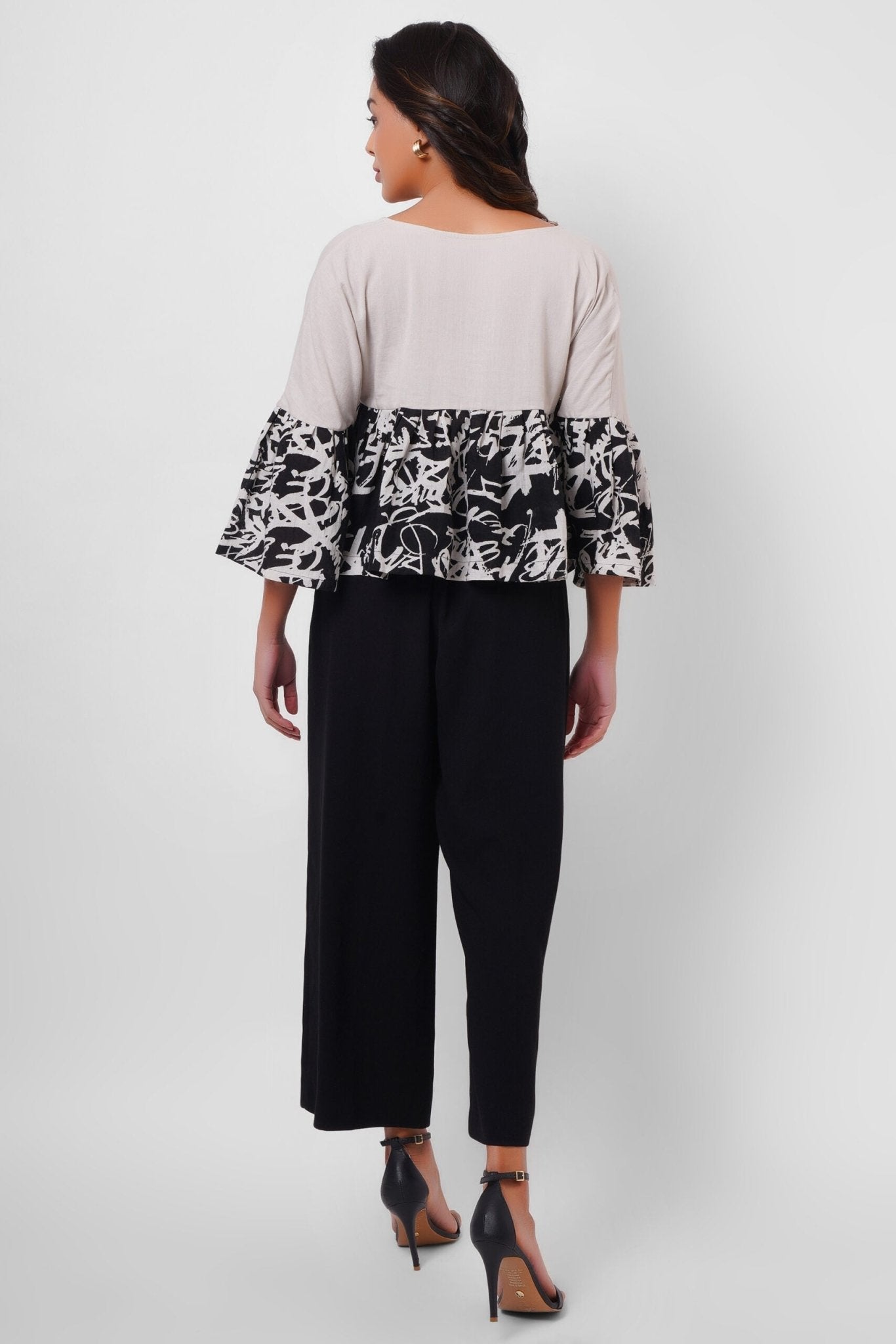 Black and White Linen Color Block Top - Western Era Tops for women