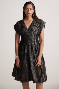 Black lurex Event Wear V- Neck Dress With Front Pin Tucks