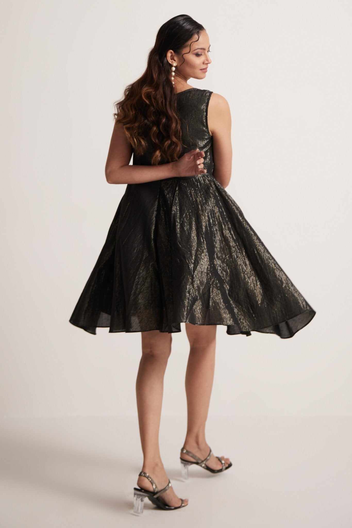 Black Lurex Party Wear Dress With Front Pleats| Western Era Black Lurex Party Wear Dress With Front Pleats| Western Era