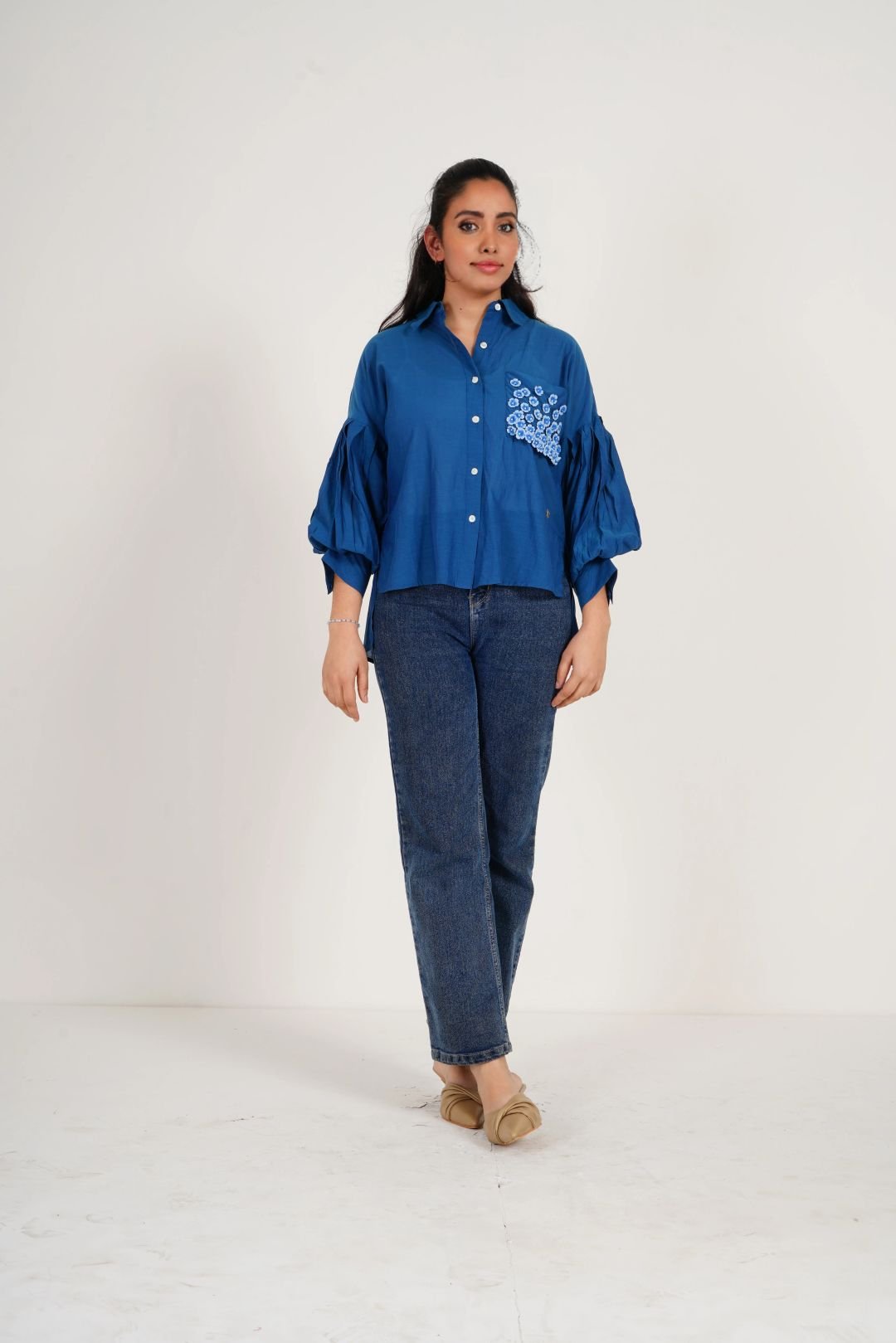 Blue Balloon Sleeves Face Embroidery Shirt With Rose Stich Button - Western Era Tops for women