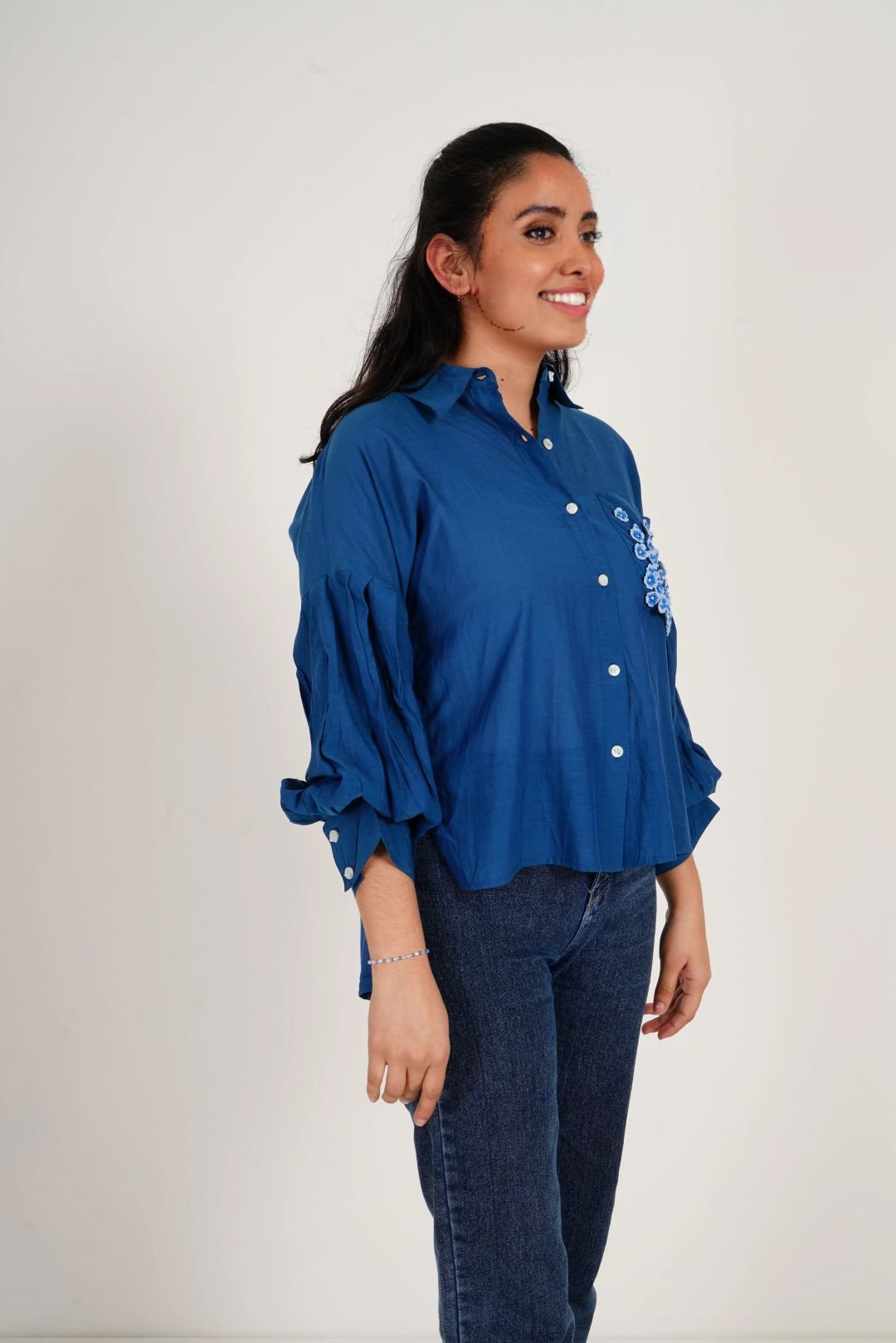 Blue Balloon Sleeves Face Embroidery Shirt With Rose Stich Button - Western Era Tops for women