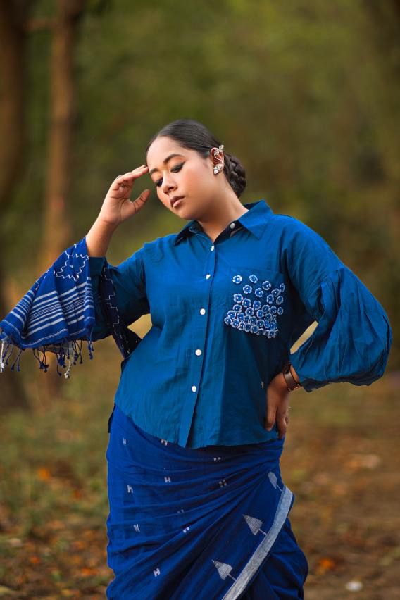 Blue Balloon Sleeves Face Embroidery Shirt With Rose Stich Button - Western Era Tops for women