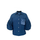 Blue Balloon Sleeves Face Embroidery Shirt With Rose Stich Button - Western Era Tops for women