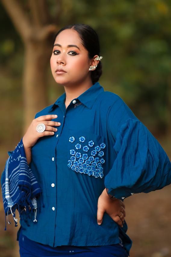 Blue Balloon Sleeves Face Embroidery Shirt With Rose Stich Button - Western Era Tops for women