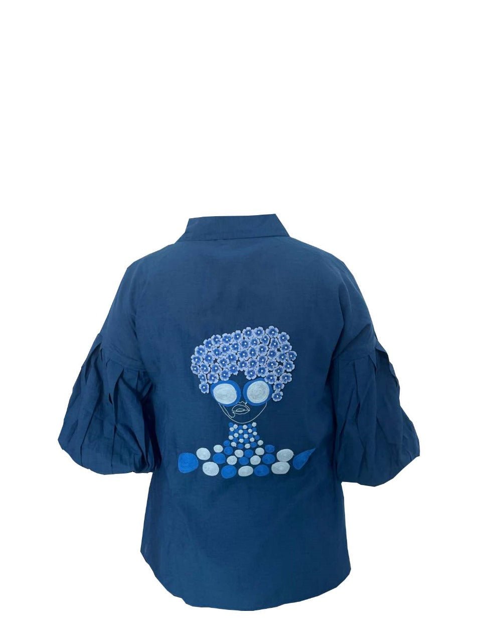 Blue Balloon Sleeves Face Embroidery Shirt With Rose Stich Button - Western Era Tops for women