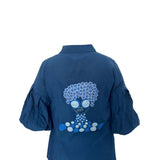 Blue Balloon Sleeves Face Embroidery Shirt With Rose Stich Button - Western Era Tops for women