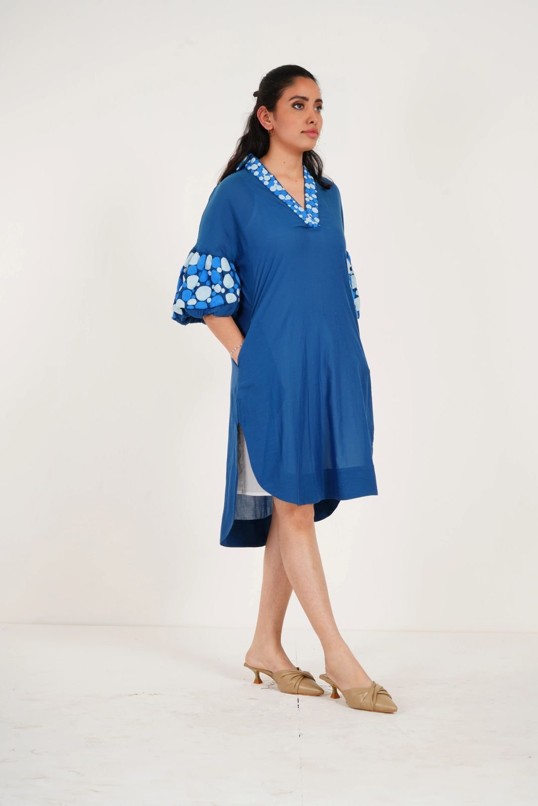 Blue Embroidered Balloon Sleeves And V - Neck Collar Long Dress With Spaghetti - Western Era Dresses for women
