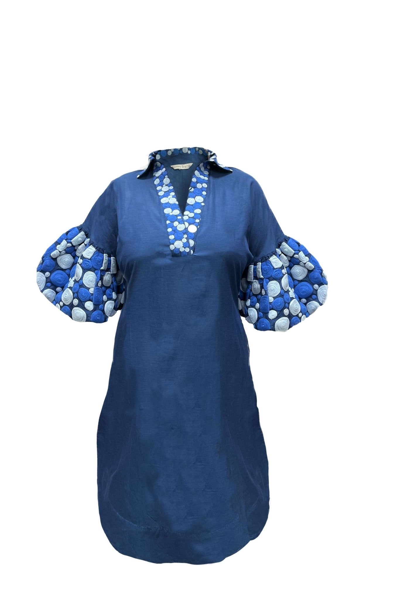 Blue Embroidered Balloon Sleeves And V - Neck Collar Long Dress With Spaghetti - Western Era Dresses for women