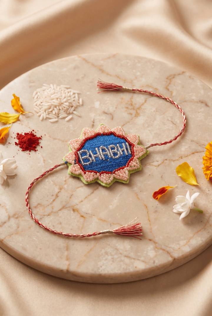 Blue Embroidered Rakhi with Delicate Pink and Green Beadwork - Western Era Rakhi for women