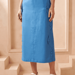 Blue Solid Pencil Skirt with Zig-Zag Side Seam Button - Western Era Bottoms for women