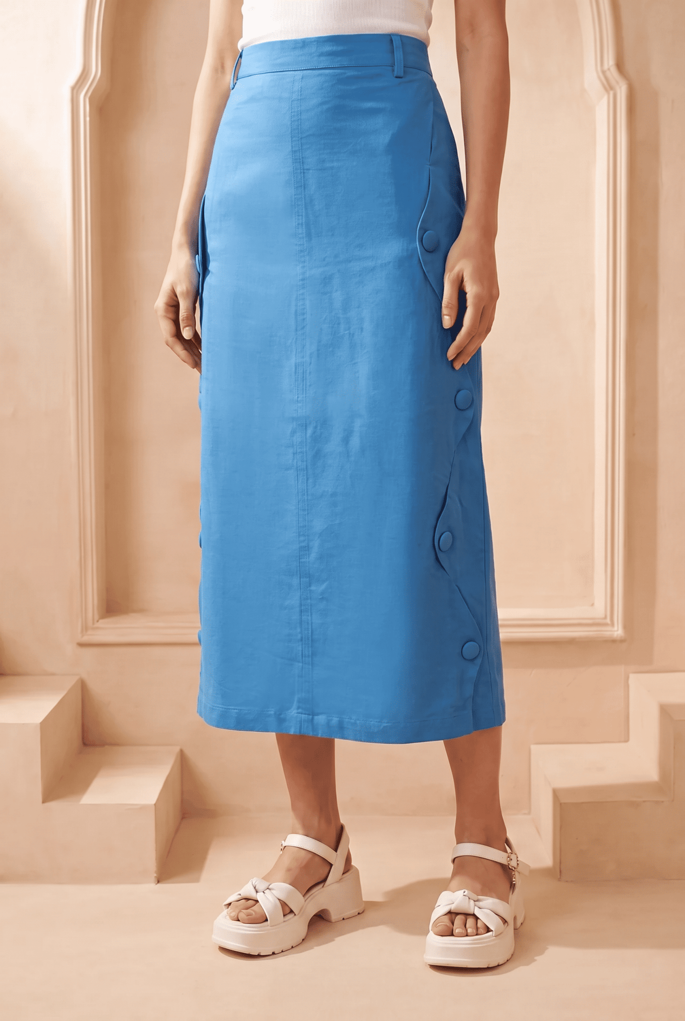 Blue Solid Pencil Skirt with Zig-Zag Side Seam Button - Western Era Bottoms for women