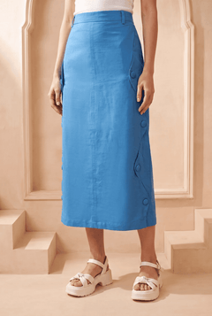 Blue Solid Pencil Skirt with Zig-Zag Side Seam Button - Western Era Bottoms for women