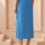 Blue Solid Pencil Skirt with Zig-Zag Side Seam Button - Western Era Bottoms for women