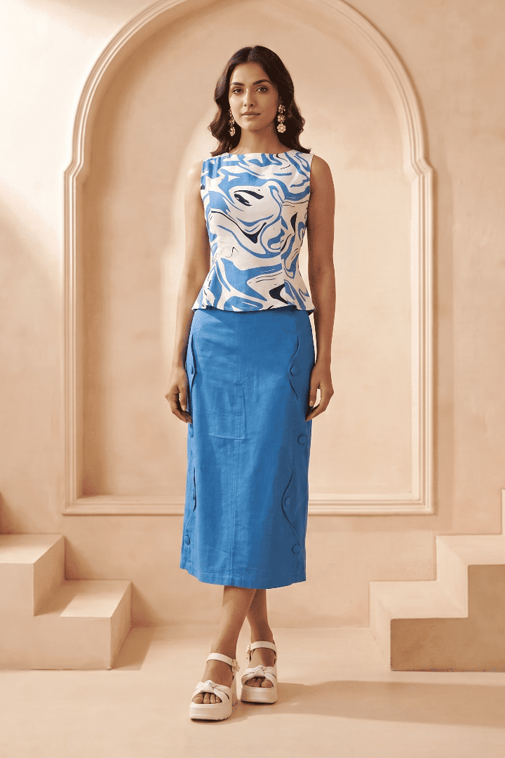 Blue Solid Pencil Skirt with Zig-Zag Side Seam Button - Western Era Bottoms for women