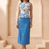 Blue Solid Pencil Skirt with Zig-Zag Side Seam Button - Western Era Bottoms for women