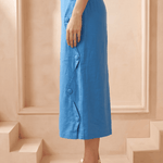 Blue Solid Pencil Skirt with Zig-Zag Side Seam Button - Western Era Bottoms for women