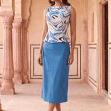 Blue & White Marble Print Top and Solid Skirt Co-Ord Set - Western Era Co-ord set for women