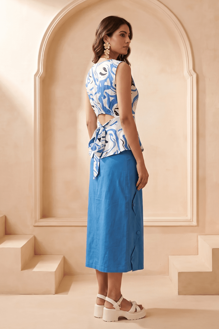 Blue & White Marble Print Top and Solid Skirt Co-Ord Set - Western Era Co-ord set for women