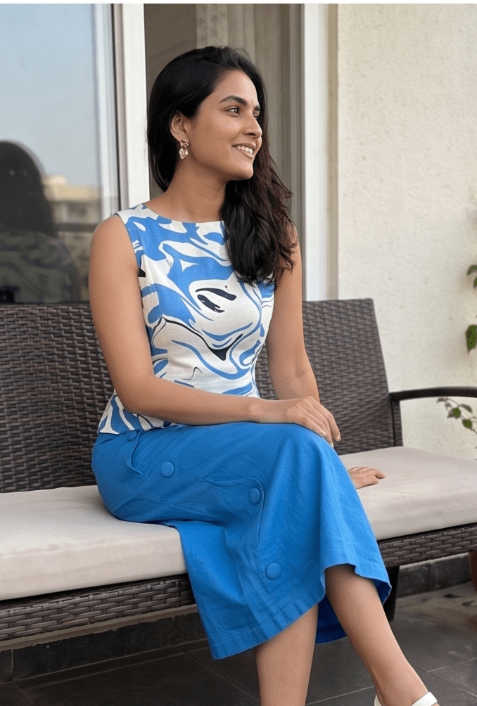 Blue & White Marble Print Top and Solid Skirt Co-Ord Set - Western Era Co-ord set for women