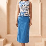 Blue & White Marble Print Top and Solid Skirt Co-Ord Set - Western Era Co-ord set for women
