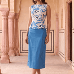Blue & White Marble Print Top with Back Tie Knot - Western Era Tops for women