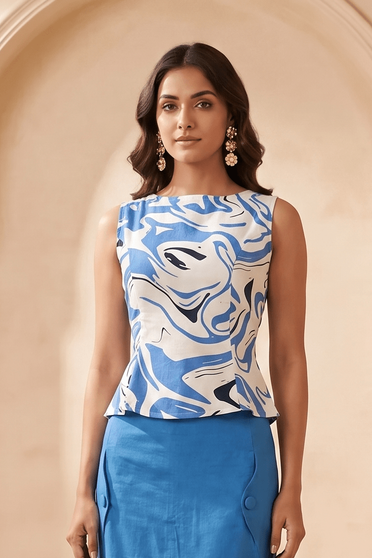 Blue & White Marble Print Top with Back Tie Knot - Western Era Tops for women