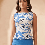 Blue & White Marble Print Top with Back Tie Knot - Western Era Tops for women