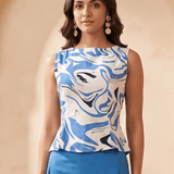 Blue & White Marble Print Top with Back Tie Knot - Western Era Tops for women