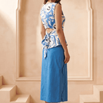 Blue & White Marble Print Top with Back Tie Knot - Western Era Tops for women