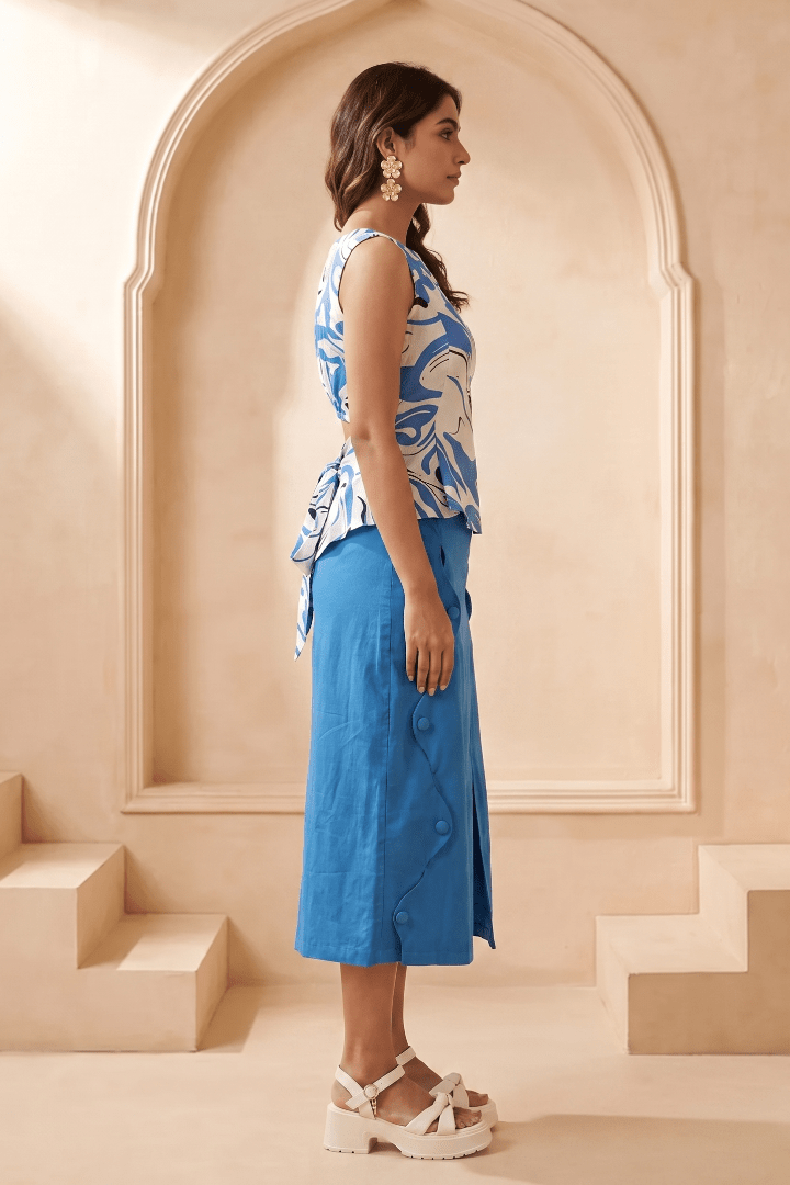 Blue & White Marble Print Top with Back Tie Knot - Western Era Tops for women