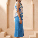 Blue & White Marble Print Top with Back Tie Knot - Western Era Tops for women