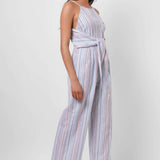 Blue Yarn Dyed Sleeveless Jumpsuit With Front Knot - Western Era Jumpsuits for women