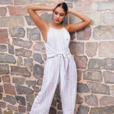 Blue Yarn Dyed Sleeveless Jumpsuit With Front Knot - Western Era Jumpsuits for women