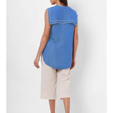 Scalloped Edge Collars Blue Linen Top with Drawstrings