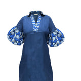 Blue Embroidered Balloon Sleeves And V-Neck Collar Long Dress With Spaghetti