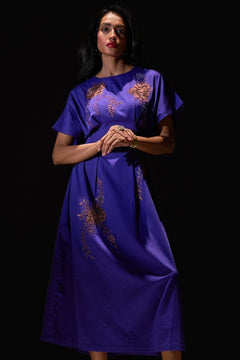 Box Pleat Cotton Midi Embroidered Dress