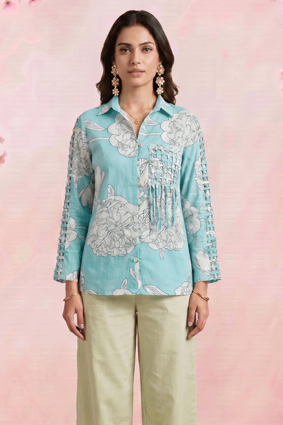 Bright Turquoise Floral Shirt With Front Pocket Co - Ord Set - Western Era Co - ord set for women
