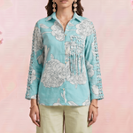 Bright Turquoise Floral Shirt With Front Pocket Co - Ord Set - Western Era Co - ord set for women