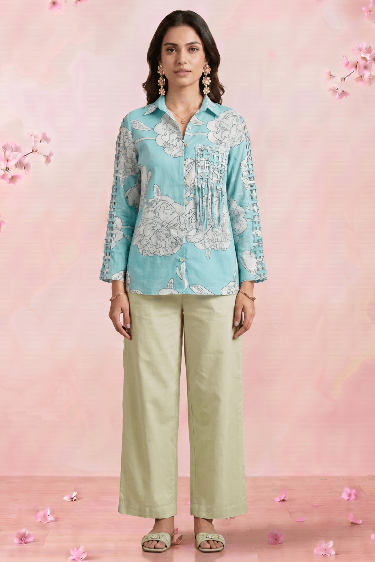 Bright Turquoise Floral Shirt With Front Pocket Co - Ord Set - Western Era Co - ord set for women