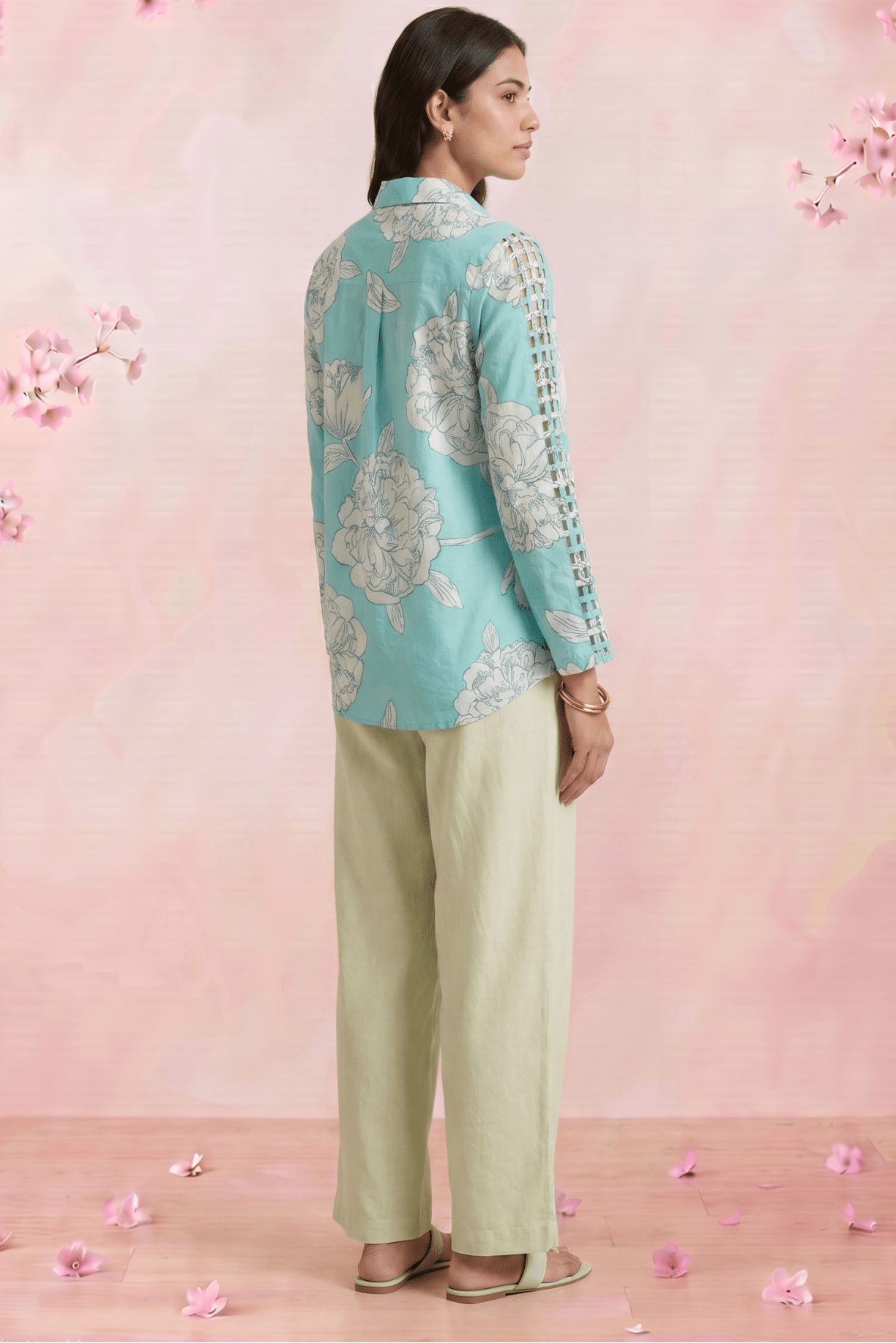 Bright Turquoise Floral Shirt With Front Pocket Co - Ord Set - Western Era Co - ord set for women
