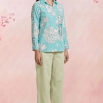 Bright Turquoise Floral Shirt With Front Pocket Co - Ord Set - Western Era Co - ord set for women
