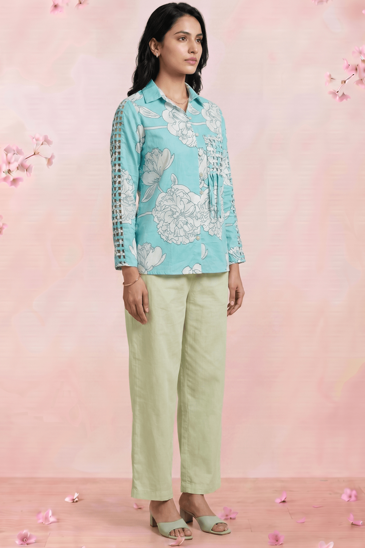 Bright Turquoise Floral Shirt With Front Pocket Co - Ord Set - Western Era Co - ord set for women