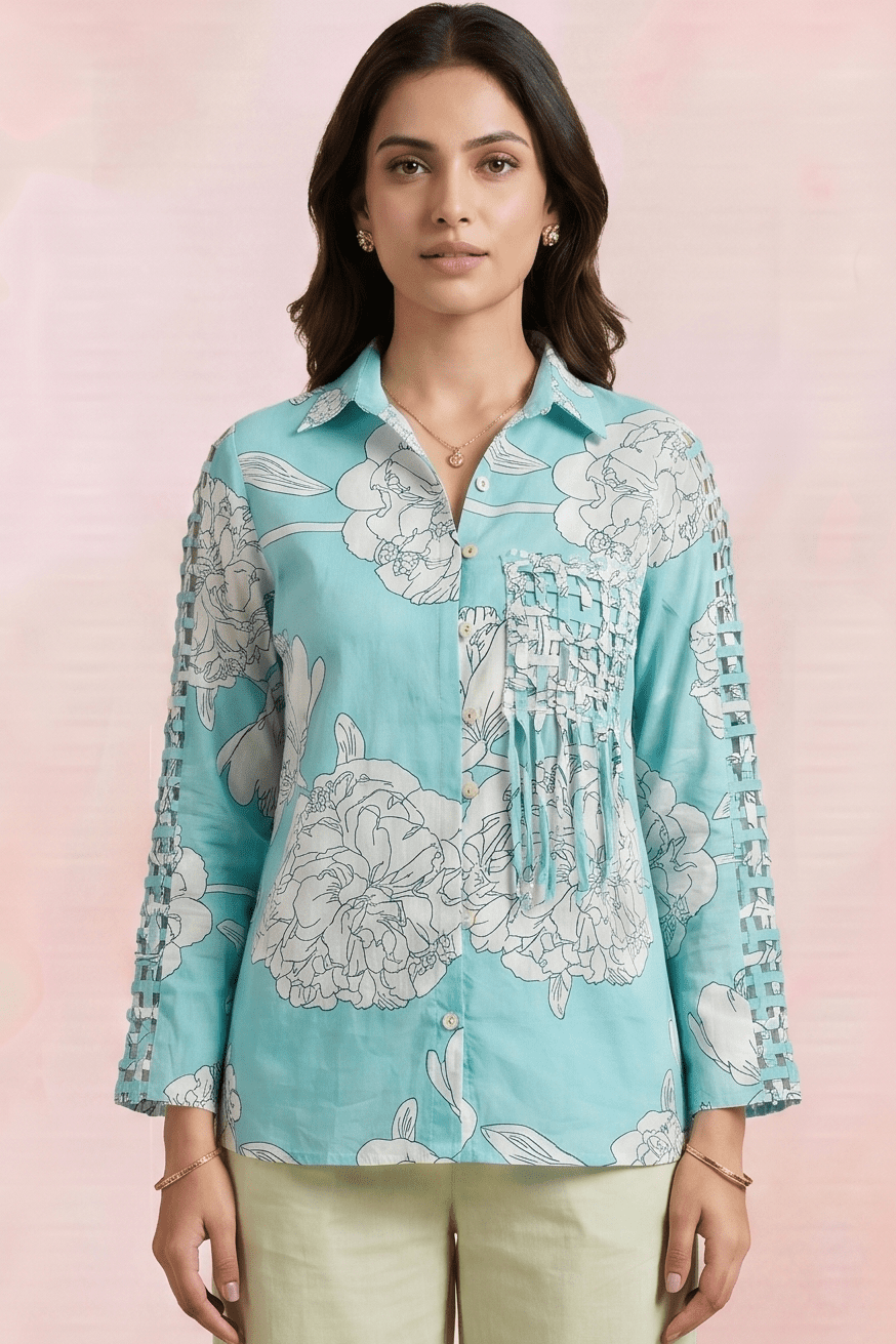 Bright Turquoise Floral Shirt with Front Pocket Detailing - Western Era Tops for women