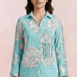 Bright Turquoise Floral Shirt with Front Pocket Detailing - Western Era Tops for women