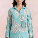 Bright Turquoise Floral Shirt with Front Pocket Detailing - Western Era Tops for women