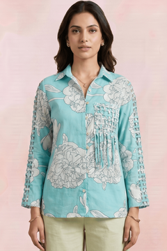 Bright Turquoise Floral Shirt with Front Pocket Detailing - Western Era Tops for women