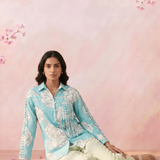 Bright Turquoise Floral Shirt with Front Pocket Detailing - Western Era Tops for women